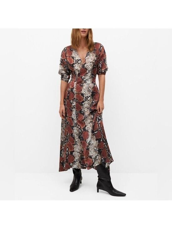 Mango Dresses & Skirts - Womens Mango Snake Print Long Sleeve Asymmetrical V-neck Dress. Size 2